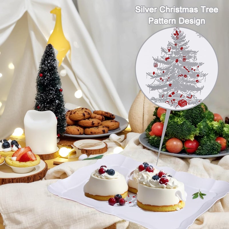 LUODA MirthMood 6Pack 15 x 10 Rectangular Plastic Food Platters with Silver Tree Design Reusable Christmas Cookie  Party Trays for Snacks and Candy - Image 4
