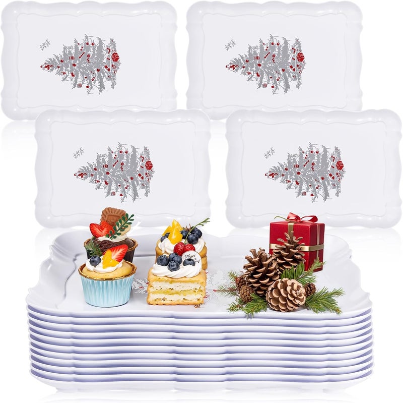 LUODA MirthMood 6Pack 15 x 10 Rectangular Plastic Food Platters with Silver Tree Design Reusable Christmas Cookie  Party Trays for Snacks and Candy - Image 1