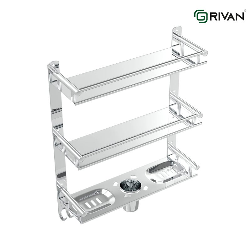 GRIVAN رف الحمام المتعدد الاستخدامات من جريفان من الفولاذ المقاوم للصدأ 3 طبقات/3 مستويات مع طبق صابون مزدوج وحامل فرشاة أسنان - Image 2