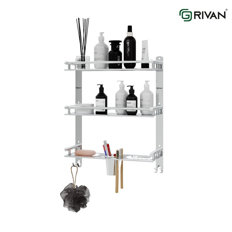 GRIVAN رف الحمام المتعدد الاستخدامات من جريفان من الفولاذ المقاوم للصدأ 3 طبقات/3 مستويات مع طبق صابون مزدوج وحامل فرشاة أسنان - Image 5