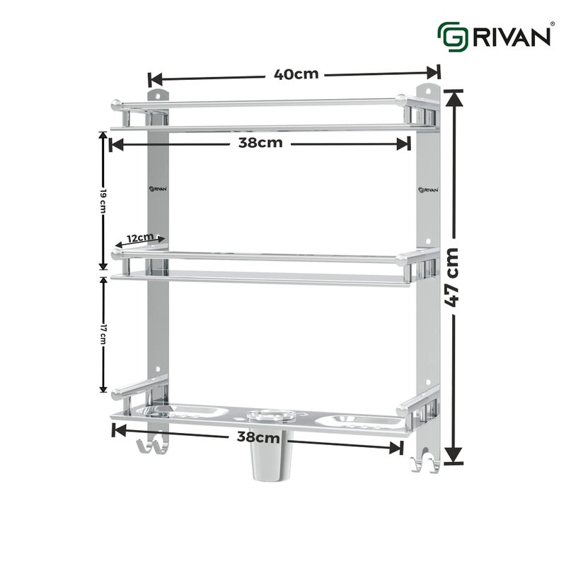 GRIVAN رف الحمام المتعدد الاستخدامات من جريفان من الفولاذ المقاوم للصدأ 3 طبقات/3 مستويات مع طبق صابون مزدوج وحامل فرشاة أسنان - Image 3