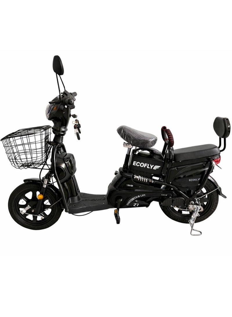 ECOFLY Electric Scooter Delivery E-Bike for Adults 500W 48V High Speed 58KM/H 3 Gear Modes Double Seat with Backrest Front Basket Mobile Charging Holder Digital Display Anti-Theft System 16 Inch Tires Black - Image 1