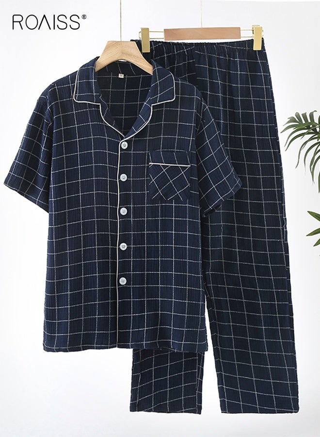 رويس طقم رجالي من قطعتين من خيوط القطن المنقوشة، بنطلون بسيط بأكمام قصيرة، ملابس منزلية من القطن الخالص، بيجامات، طقم ملابس مريحة، قابلة للتهوية، ناعمة، خفيفة الوزن، ملابس كاجوال - Image 1
