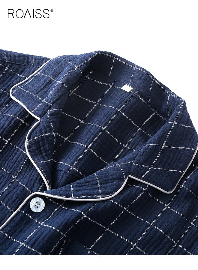 رويس طقم رجالي من قطعتين من خيوط القطن المنقوشة، بنطلون بسيط بأكمام قصيرة، ملابس منزلية من القطن الخالص، بيجامات، طقم ملابس مريحة، قابلة للتهوية، ناعمة، خفيفة الوزن، ملابس كاجوال - Image 2