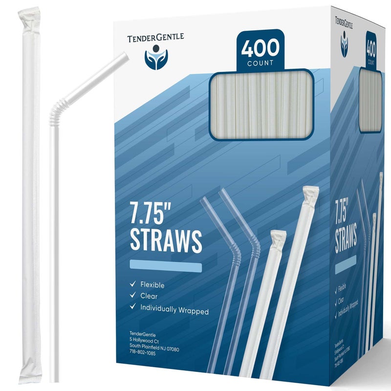 TenderGentle Clear Plastic Straws  Disposable - 400 Bendy Drinking Straws - 7.75"" And Individually Wrapped - For Smoothies  Coffee  Alcohol  Juice  And More - Image 1