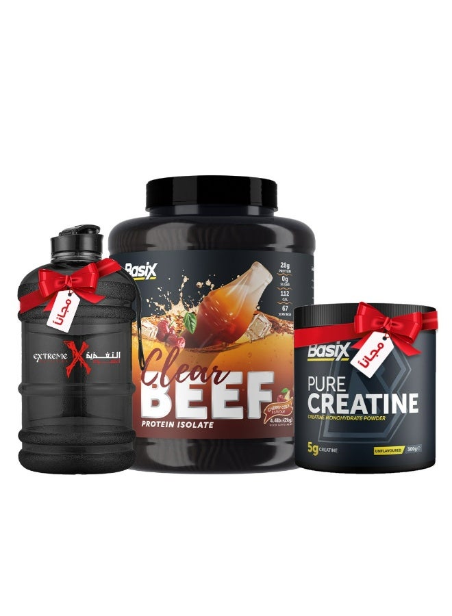 Basix Beef Protein Isolate Cherry Cola 4.4 LB + Free Basix Pure Creatine 300 Grams + Free Water Bottle - Image 1