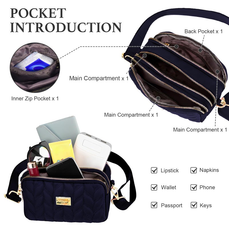 WITERY Small Crossboby Purse for Women - Waterproof Nylon Crossbody Phone Bag Shoulder Bag with Adjustable Strap, Lightweight Ladies Quilted Multi-Pocket Small Purses Travel Handbags - Image 5