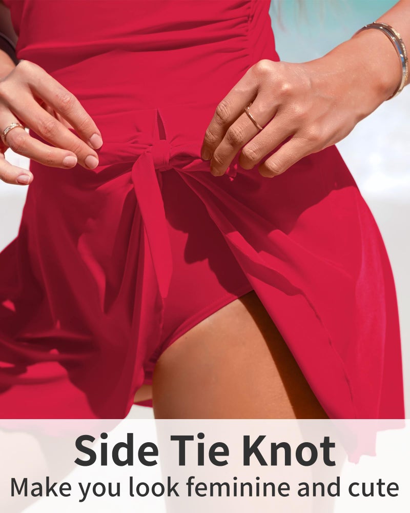 Charmo Womens One Piece Swimsuit Tummy Control Bathing Suit Scalloped Modest Tie Knot 2026 Swim Dress Skirt Red L - Image 5