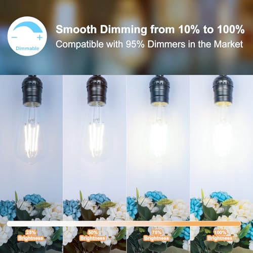PARTPHONER LED Light Bulbs Dimmable Vintage Edison Bulb, E26 LED Bulb 60W Equivalent 720 Lumens, Daylight 5000K, ST58 Antique LED Filament Bulb CRI 85+, Clear Glass, Pack of 4, PABB042DN4 - Image 3