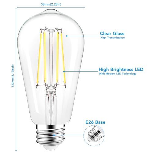 PARTPHONER LED Light Bulbs Dimmable Vintage Edison Bulb, E26 LED Bulb 60W Equivalent 720 Lumens, Daylight 5000K, ST58 Antique LED Filament Bulb CRI 85+, Clear Glass, Pack of 4, PABB042DN4 - Image 5