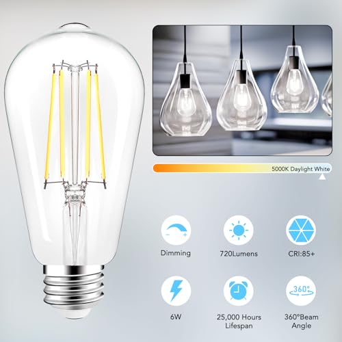 PARTPHONER LED Light Bulbs Dimmable Vintage Edison Bulb, E26 LED Bulb 60W Equivalent 720 Lumens, Daylight 5000K, ST58 Antique LED Filament Bulb CRI 85+, Clear Glass, Pack of 4, PABB042DN4 - Image 2