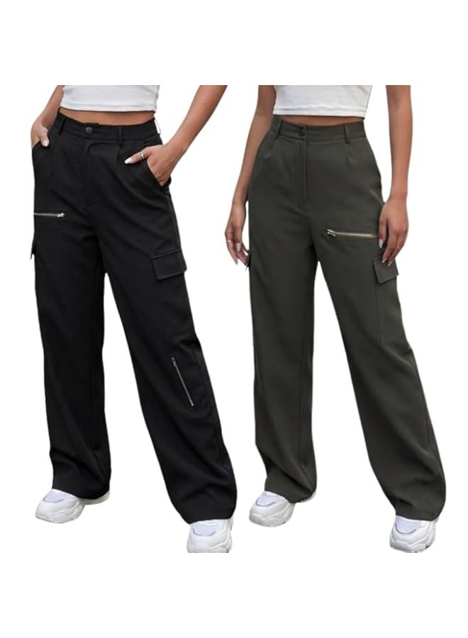 GRECIILOOKS Cargo Pants For Woman | Trousers For Womans |High Waist Trouser for Women – Flared Parachute Pants with Side Pockets |Womens Cargo Pant | Elegant for College & Events (pack of 2) - Image 1