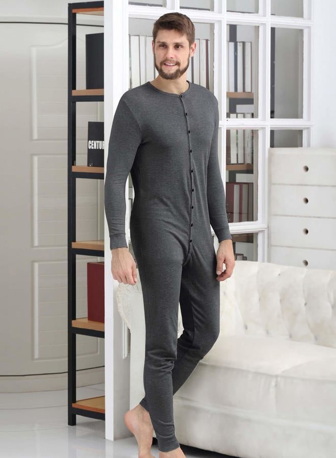 COLORFULLEAF Men's Cotton Thermal Underwear Henley Union Suits Onesies Base Layer (Dark Grey, XL), Dark Grey, XL - Image 3