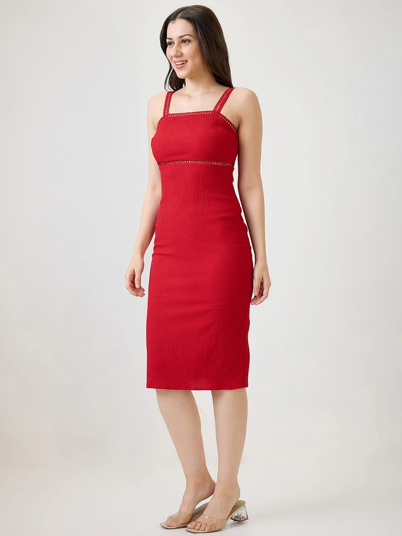 globus Women Red Self Design Strappy Shoulder Lace Inserts Back Slit Bodycon Midi Party Dress