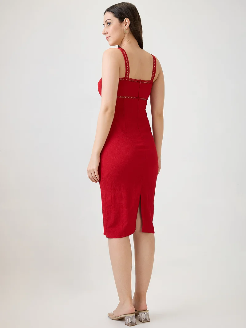 globus Women Red Self Design Strappy Shoulder Lace Inserts Back Slit Bodycon Midi Party Dress