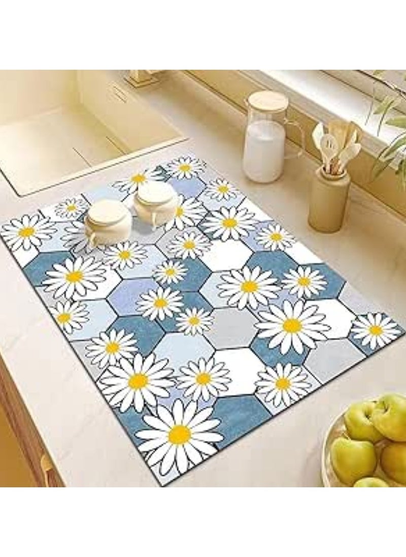 LESTER LESTER Kitchen Drying Mat, Water Absorbant Super Absorbent Kitchen dryer Mat, Quick Drying Bathroom Carpet, Non-Slip Entrance Doormat Diatom Leather Skin Floor Mats Home Decor Set Rectangle Shape Flowers Design White and Blue 50x80cm  - Image 1