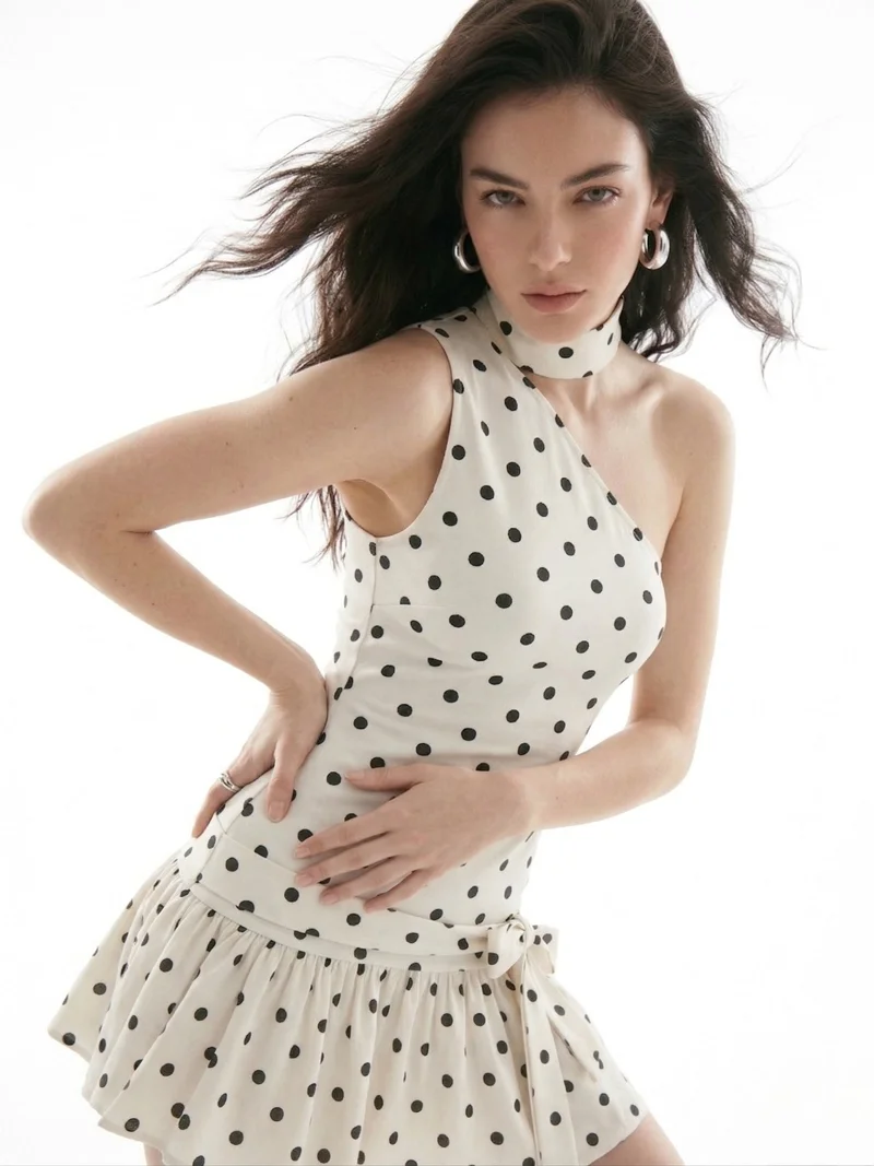 Outzidr  White Polka Dot Bubblehem Scarf Detail Mini Dress for Women | Best Price UAE