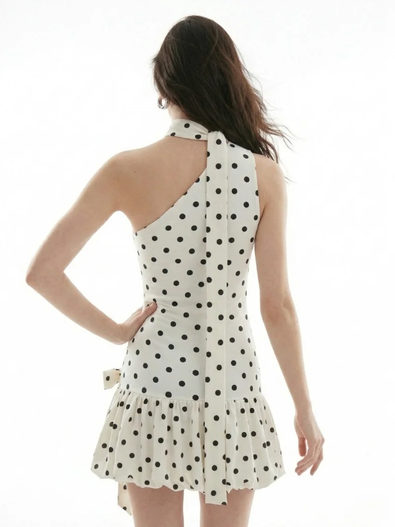 Outzidr  White Polka Dot Bubblehem Scarf Detail Mini Dress for Women | Best Price UAE