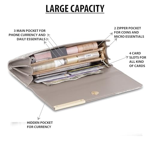 DOSYSO Wallet for Women Girls Stylish Latest Floral Faux Leather with Phone Space Coin Compartment Mobile Storage 4 Card Slots Holder Cash Zip Pockets Hand Clutch for Daily Use Ladies Long Purse (Grey) - Image 3