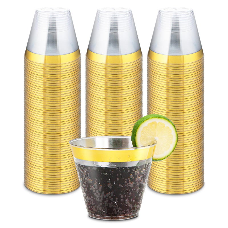 Byvivace 100Counts 9 OZ Disposable Cups Old fashioned Party Tumblers 9 Ounce Squat Cups Gold Rimmed Hard Plastic Party Wedding Cups with Gold Rim