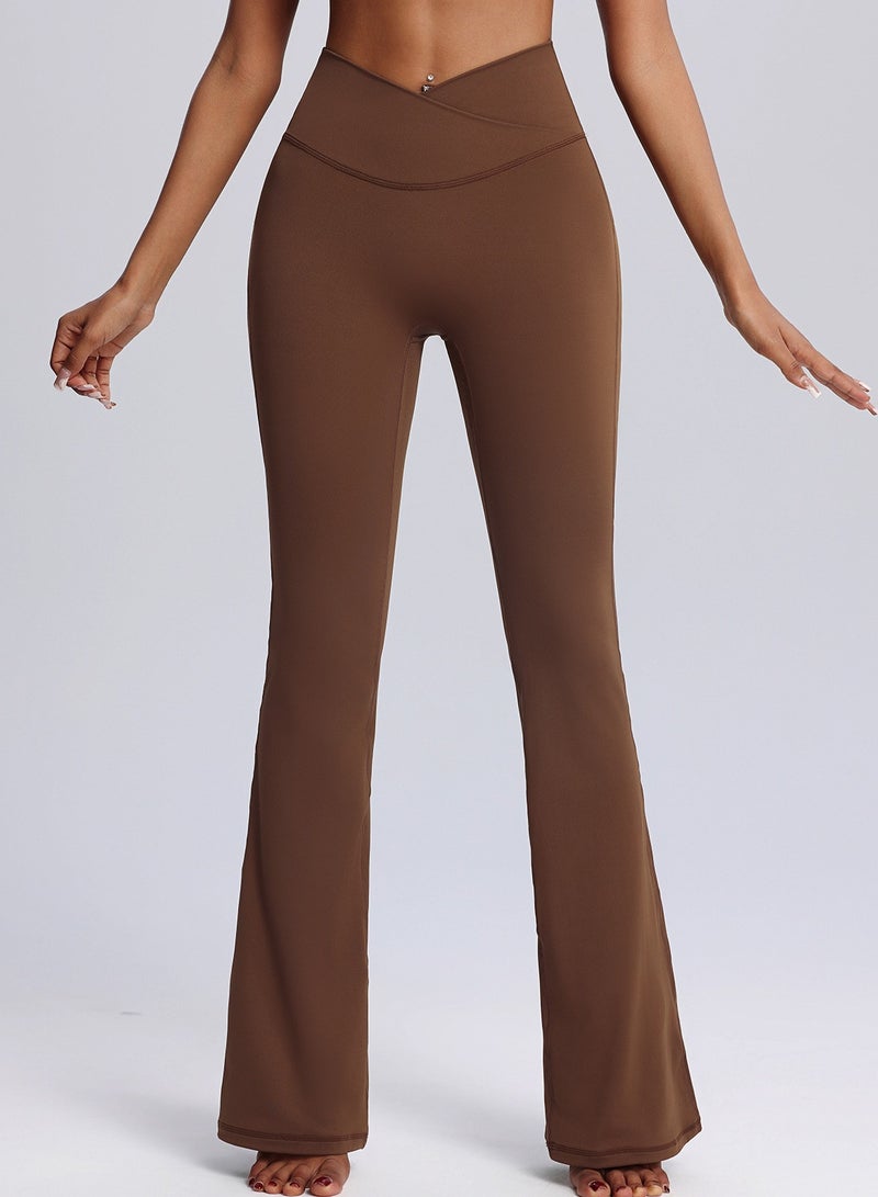 Meilun Brown High - Waisted Flared Yoga Pants with Cross - Over Waistband  - Image 1