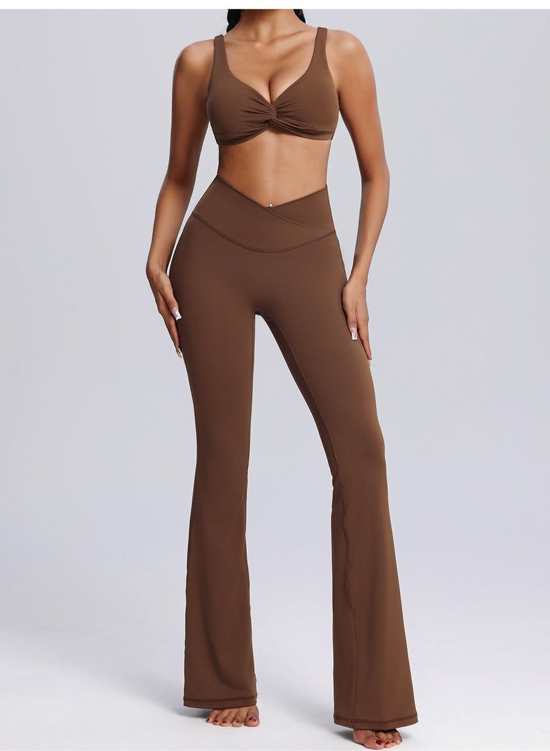 Meilun Brown High - Waisted Flared Yoga Pants with Cross - Over Waistband  - Image 2
