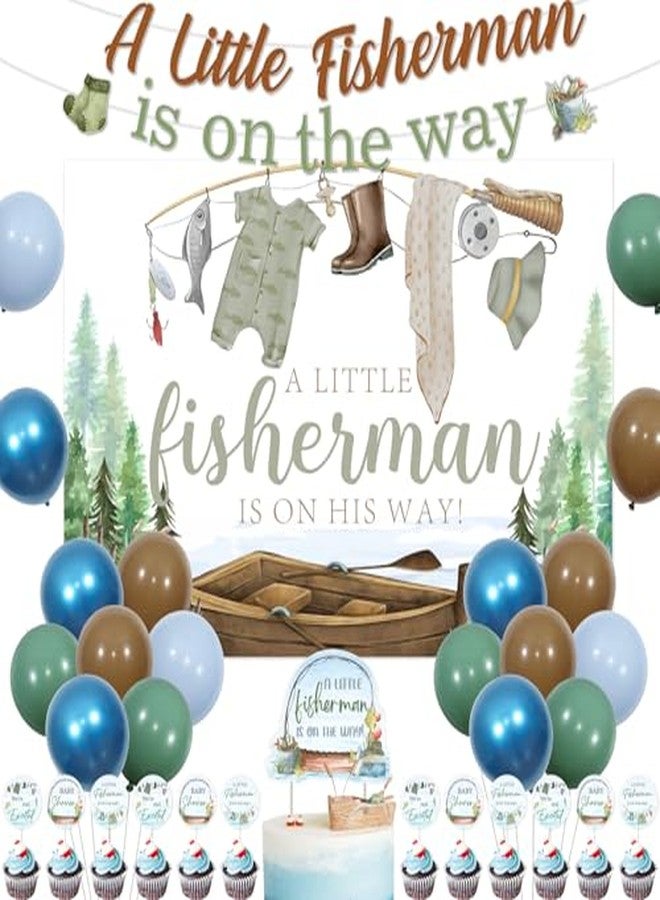 Blisstock Fisherman Baby Shower Decorations for Boy, A Little Fisherman Is on the Way Backdrop Banner Gone Fishing Baby Shower Cake Toppers Blue Green Brown Balloons for Baby Boys Fish Babys Shower Supplies - Image 1