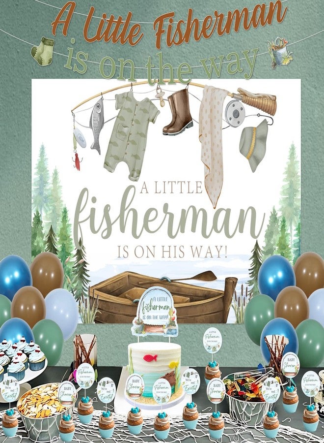 Blisstock Fisherman Baby Shower Decorations for Boy, A Little Fisherman Is on the Way Backdrop Banner Gone Fishing Baby Shower Cake Toppers Blue Green Brown Balloons for Baby Boys Fish Babys Shower Supplies - Image 2