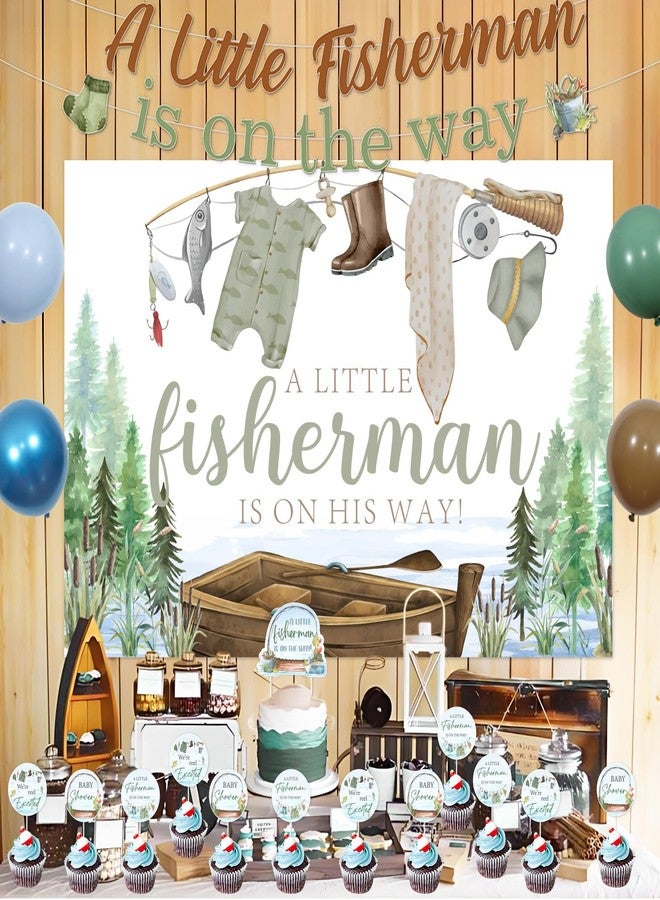 Blisstock Fisherman Baby Shower Decorations for Boy, A Little Fisherman Is on the Way Backdrop Banner Gone Fishing Baby Shower Cake Toppers Blue Green Brown Balloons for Baby Boys Fish Babys Shower Supplies - Image 5