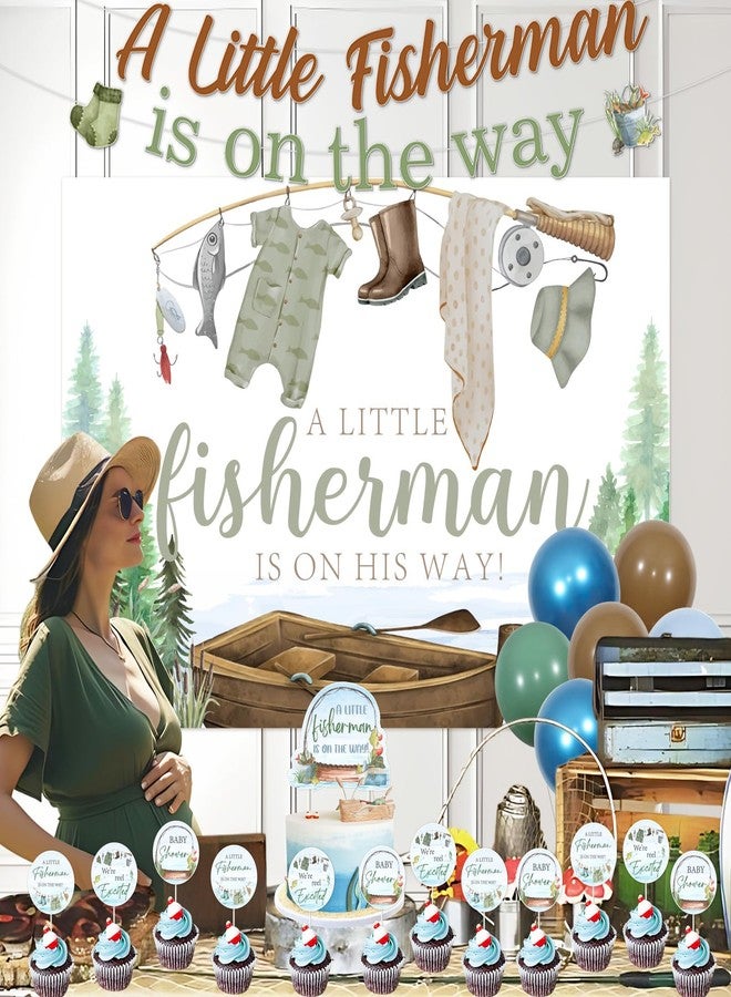Blisstock Fisherman Baby Shower Decorations for Boy, A Little Fisherman Is on the Way Backdrop Banner Gone Fishing Baby Shower Cake Toppers Blue Green Brown Balloons for Baby Boys Fish Babys Shower Supplies - Image 3