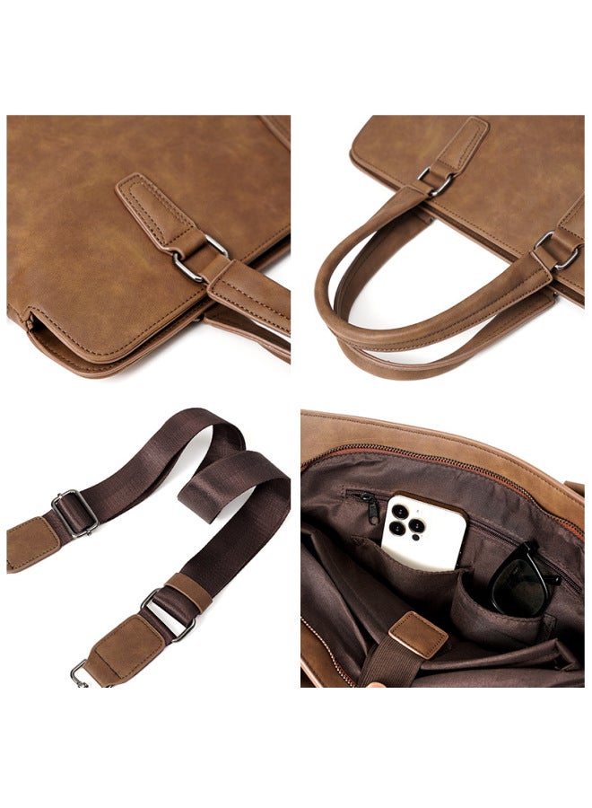 Korean Fashionable Business Handbag Men's Bag Shoulder Bag Casual Briefcase Multifunctional Computer File Bag-Color:Coffee-  - Image 5