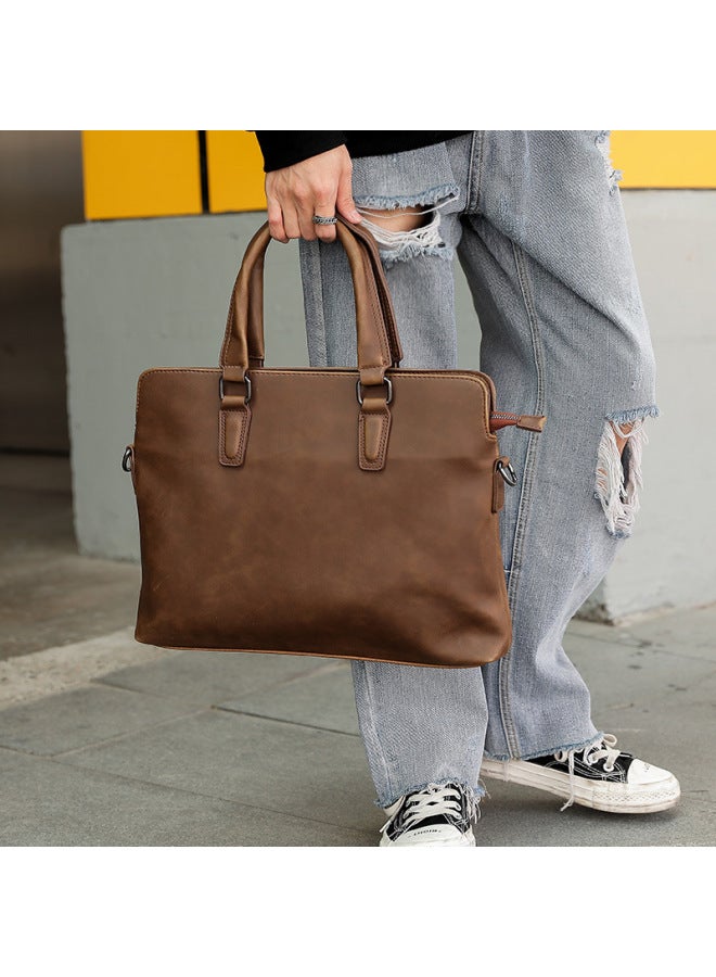 Korean Fashionable Business Handbag Men's Bag Shoulder Bag Casual Briefcase Multifunctional Computer File Bag-Color:Coffee-  - Image 3