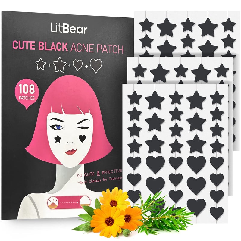 LitBear Acne Patch Pimple Patch Black Star  Heart Shaped Acne Absorbing Cover Patch Hydrocolloid Acne Patches For Face Zit Patch Pimple Sticker Acne Dots Tea Tree Oil  Centella 108 Count
