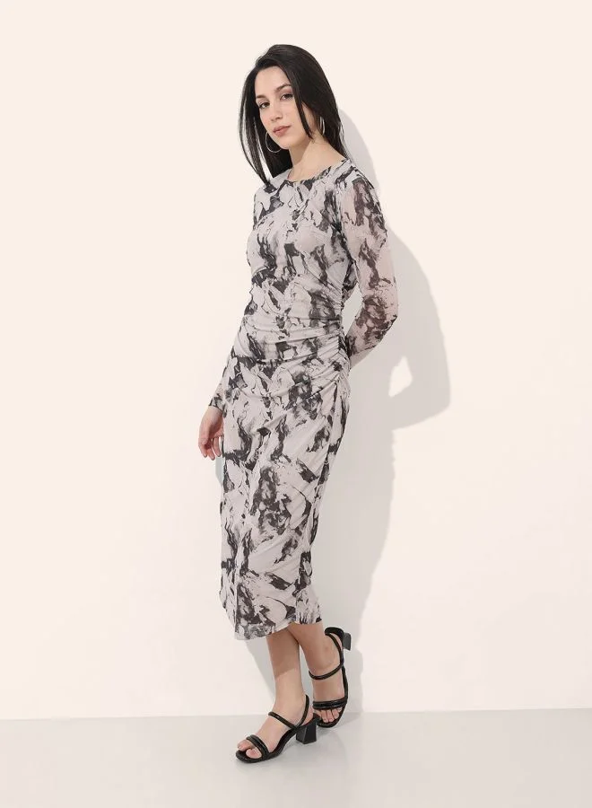 Freehand  Women Regular Fit Marble Printed Round Neck Long Sleeve Ruched Dress for Women | Best Price UAE