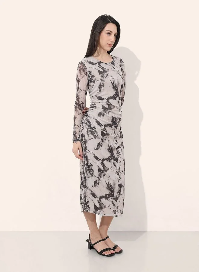 Freehand  Women Regular Fit Marble Printed Round Neck Long Sleeve Ruched Dress for Women | Best Price UAE
