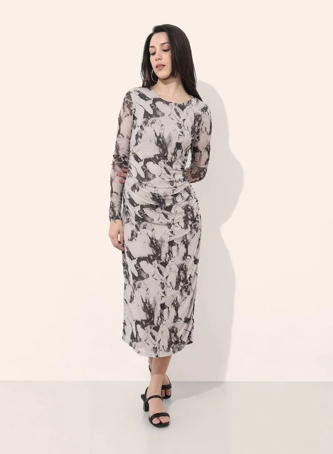 Freehand  Women Regular Fit Marble Printed Round Neck Long Sleeve Ruched Dress for Women | Best Price UAE