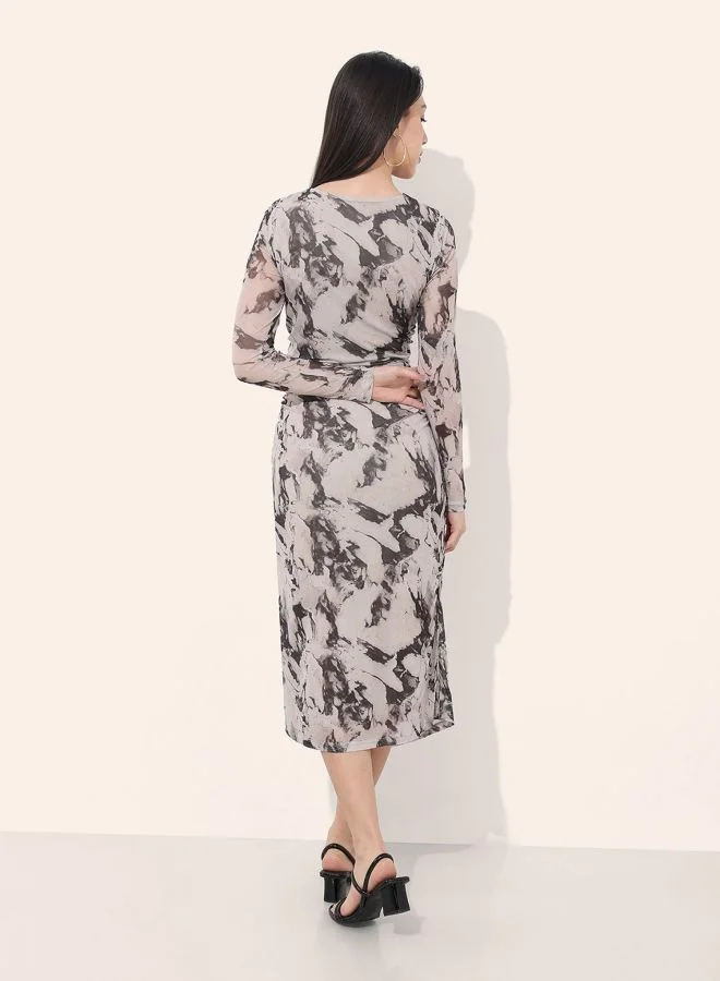 Freehand  Women Regular Fit Marble Printed Round Neck Long Sleeve Ruched Dress for Women | Best Price UAE