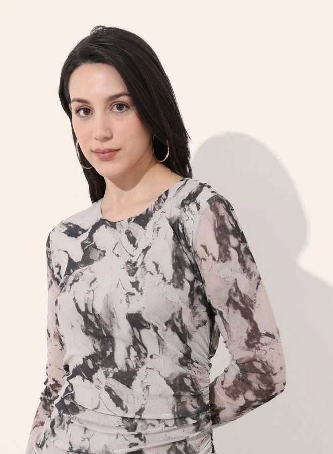 Freehand  Women Regular Fit Marble Printed Round Neck Long Sleeve Ruched Dress for Women | Best Price UAE