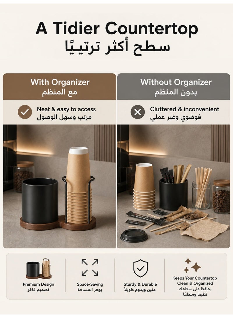 جيني جار منظم ركن القهوة، حامل أكواب مع حامل أدوات، منظم سطح المطبخ للأكواب والمصاصات وأعواد التحريك، أسود - Image 2