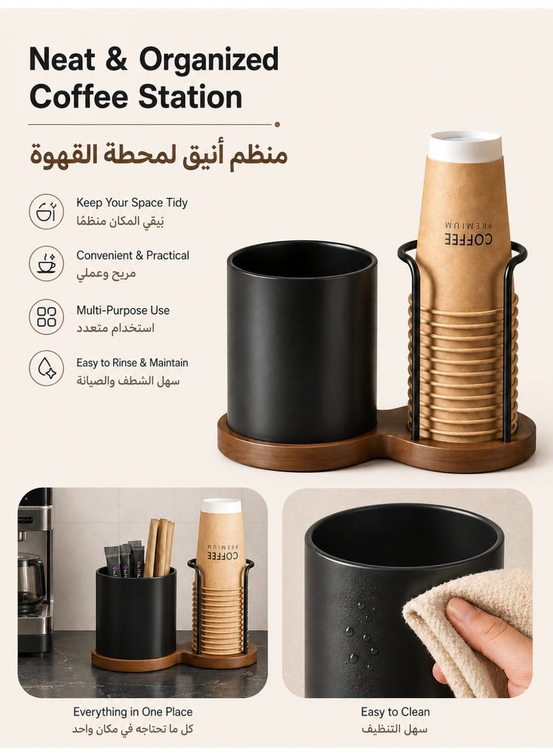 جيني جار منظم ركن القهوة، حامل أكواب مع حامل أدوات، منظم سطح المطبخ للأكواب والمصاصات وأعواد التحريك، أسود - Image 4
