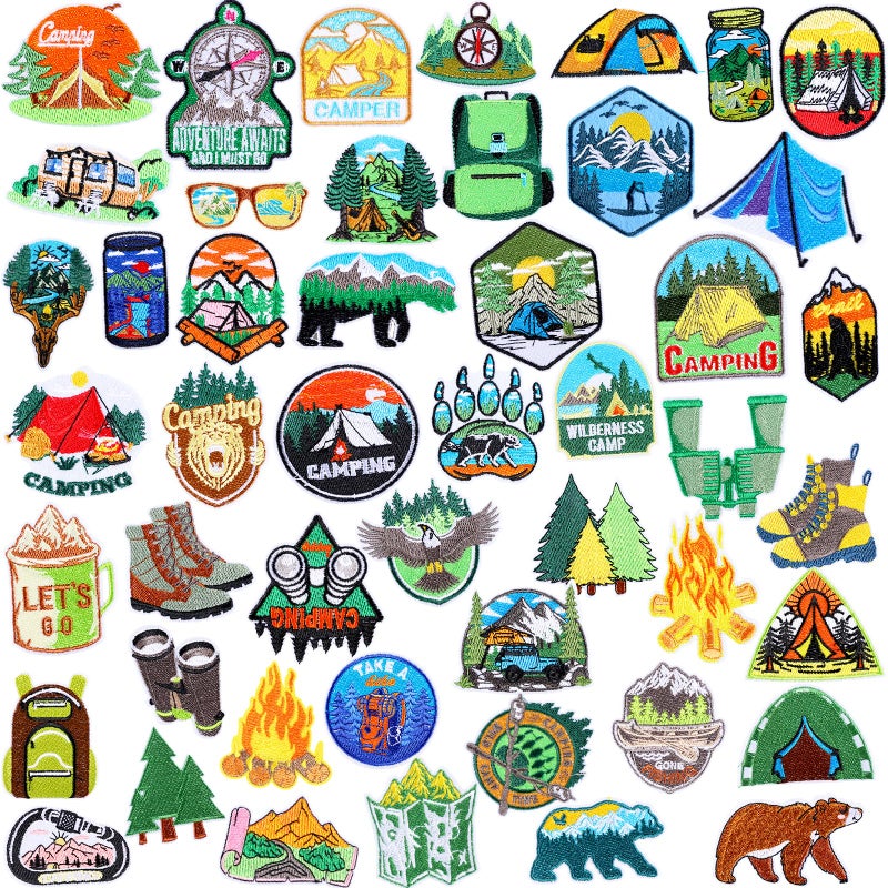 Hotop 48 Pcs Camping Theme Iron on Patches Adventure Outdoor Mountain Backpacking Sew on Patches Hiking Embroidered Applique for Jeans Jackets Clothes Backpack Cap DIY Crafts Sew Making - Image 1