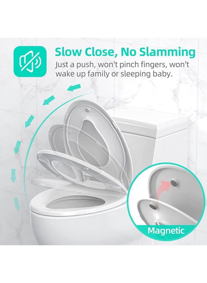 JINGZE Elongated Toilet Seat Adult/Child,Built-In Potty Training Seat, Soft Quiet Close Non-Slip Seat, Easy to Install & Clean,Magnetic Kids Seat and Cover for Elongated Oval Toilets,White - Image 2