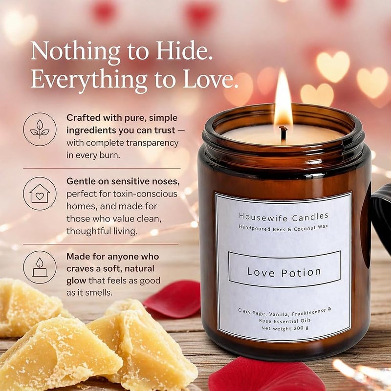 Housewife Candles LOVE POTION Scented Aromatherapy Candle – Rose, Vanilla, Frankincense & Clary Sage Essential Oils – Romance & Relaxation Candle – Beeswax & Coconut Wax – Natural Home Fragrance, 200g, 35-Hour Burn - Image 2