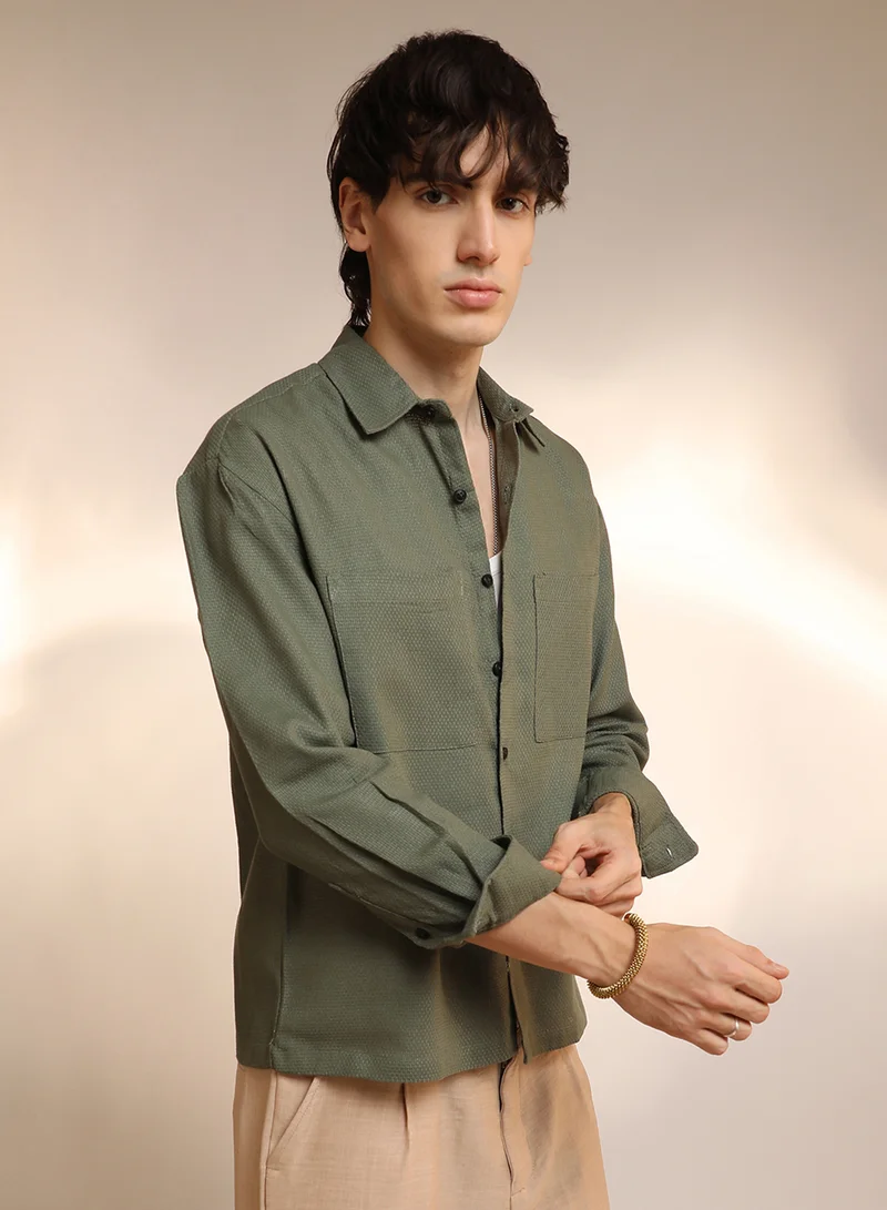 Campus Sutra Men's Olive Green Solid Canvas Utility Shirt