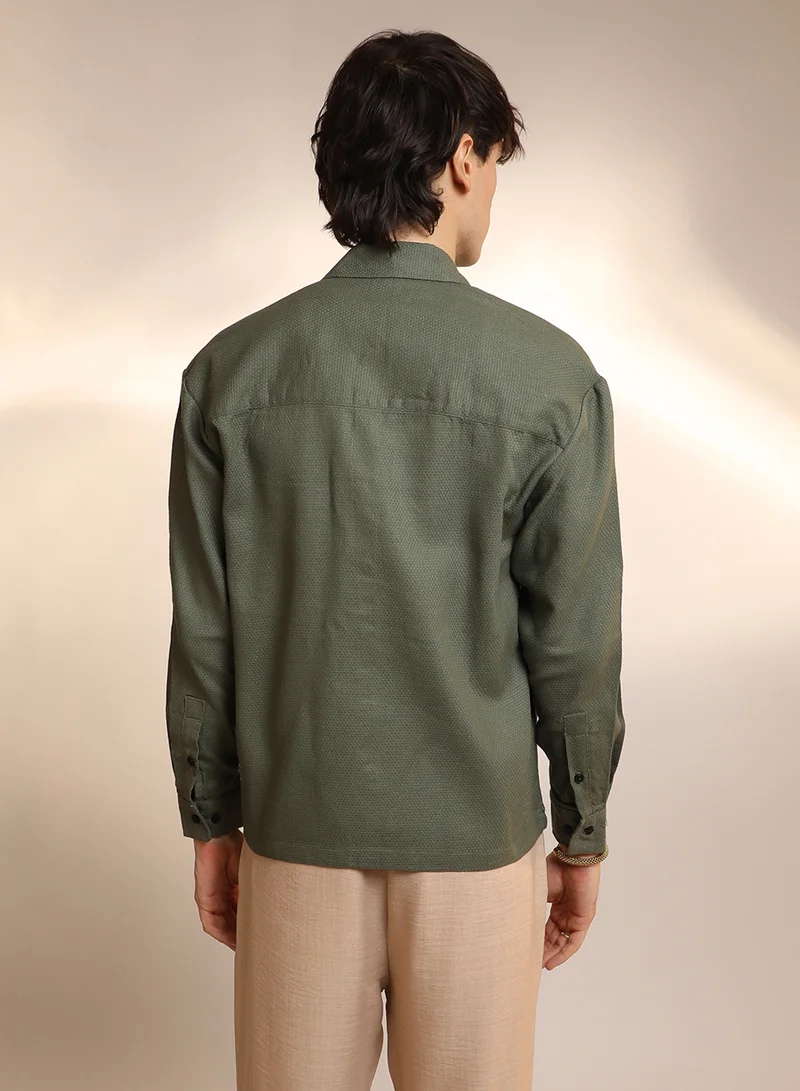 Campus Sutra Men's Olive Green Solid Canvas Utility Shirt