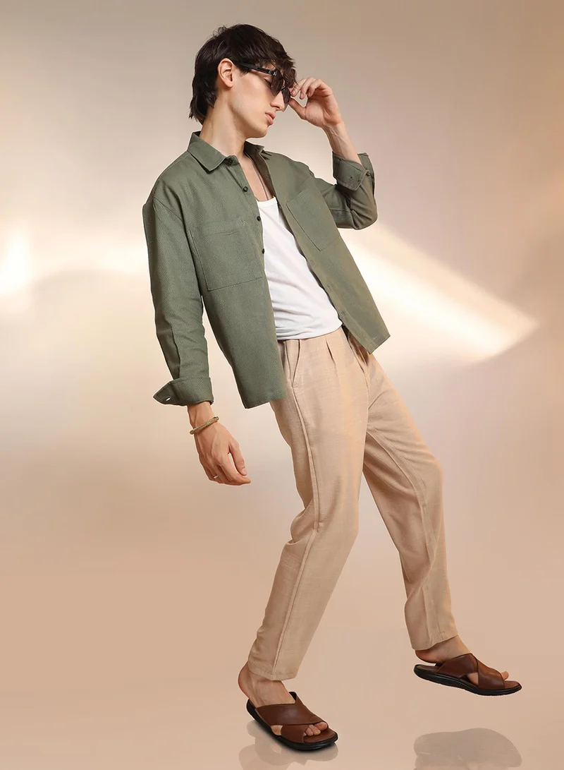 Campus Sutra Men's Olive Green Solid Canvas Utility Shirt