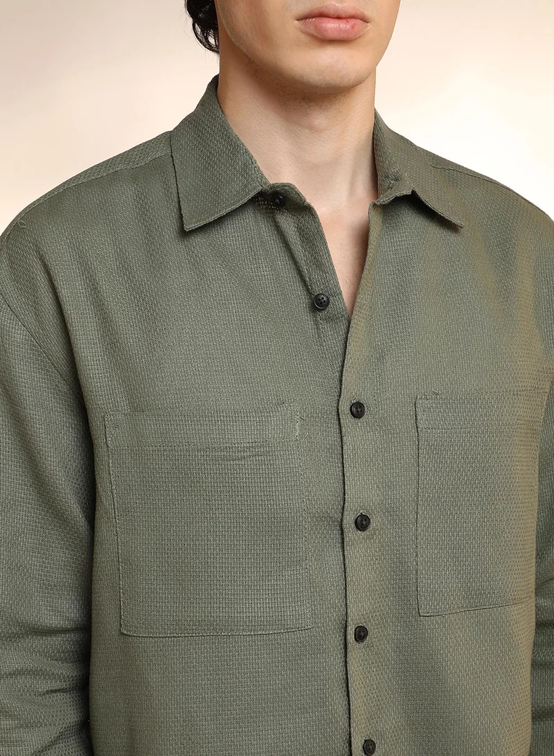 Campus Sutra Men's Olive Green Solid Canvas Utility Shirt