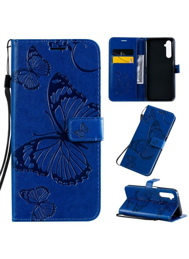 HuHa Case Cover For Realme 6 Pro 3D Butterflies Embossing Pattern Horizontal Flip Leather Case with Holder & Card Slot & Wallet & Lanyard Blue 