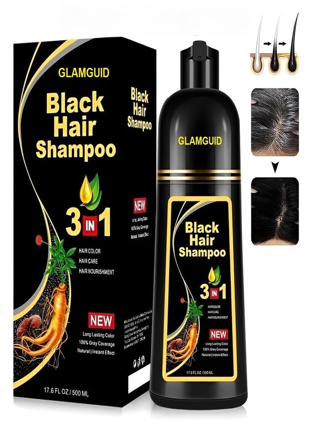 GLAMGUID Easy Do-It-Yourself Hair Color Shampoo Pump Pack with 3 Herbal Extracts and 100% Ammonia Free, Long Lasting Formula, 500 ML - Natural Black Colour (Gloves Included) - Image 1