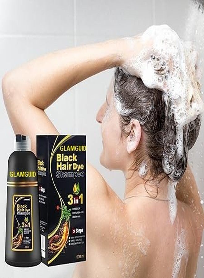 GLAMGUID Easy Do-It-Yourself Hair Color Shampoo Pump Pack with 3 Herbal Extracts and 100% Ammonia Free, Long Lasting Formula, 500 ML - Natural Black Colour (Gloves Included) - Image 3